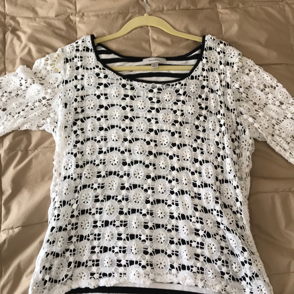 Black and white stripe with lace overlay top